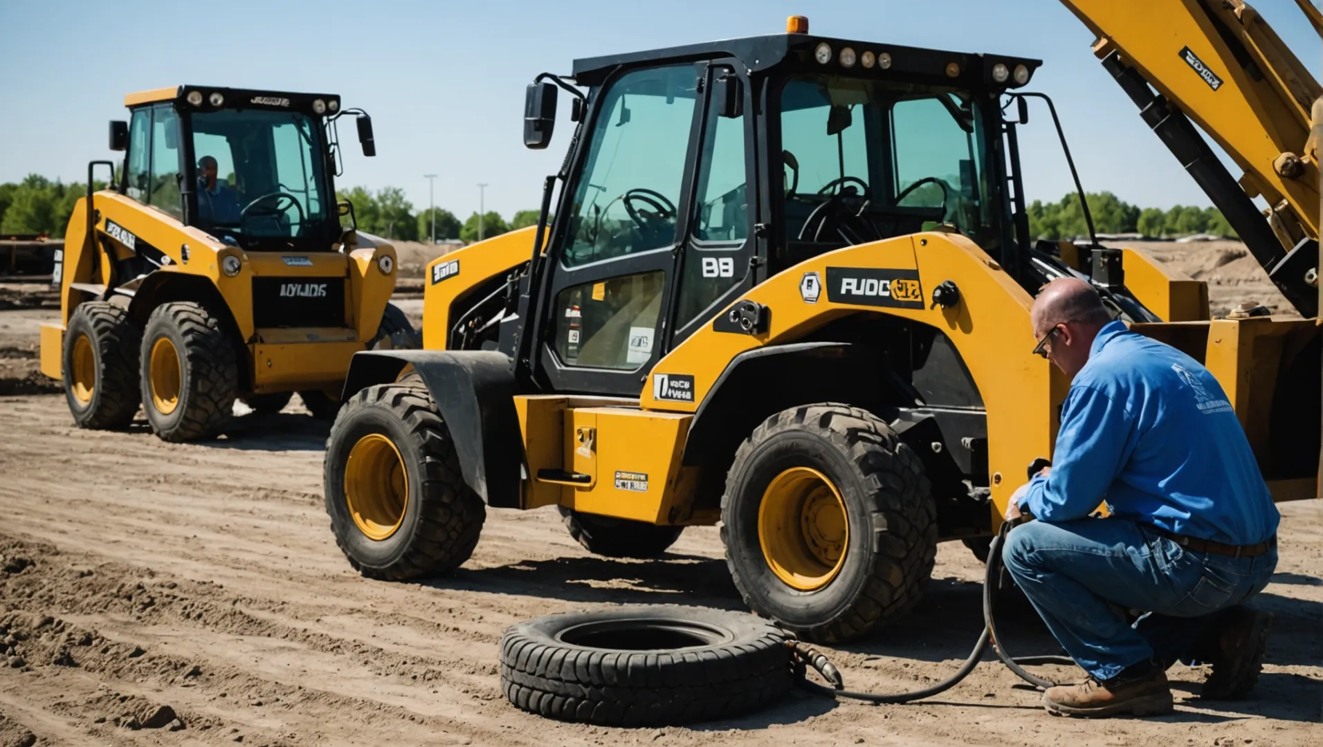 Technician inspecting a skid loader before operation