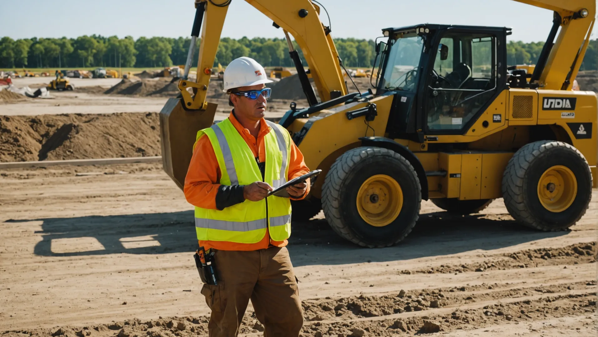 Operator inspecting a skid loader with safety gear